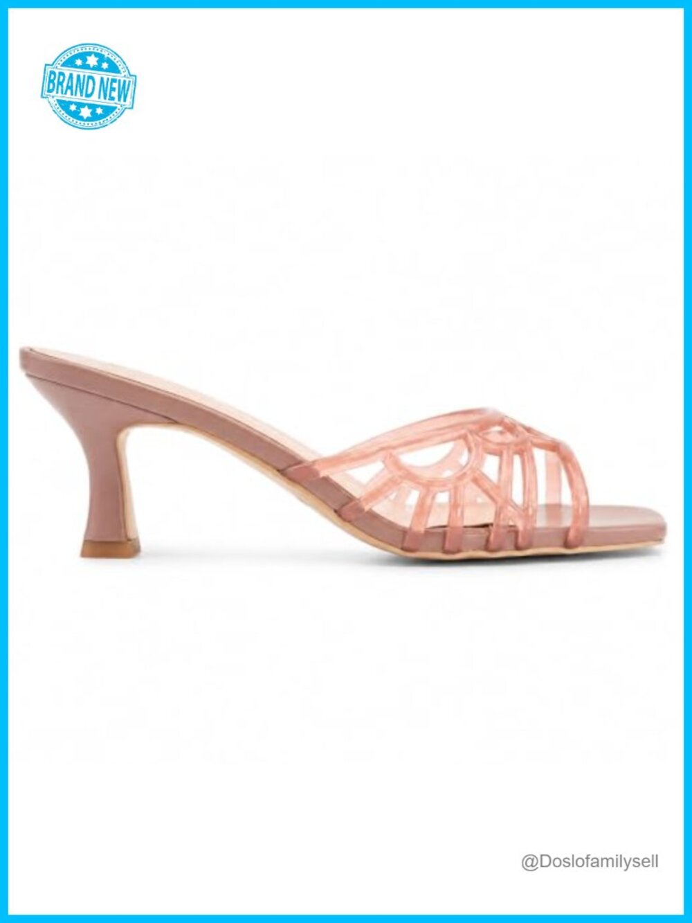 Womens Jelly Kitten Heel Mules Square Open Toe Clear Mesh Strap Sandals Slip On